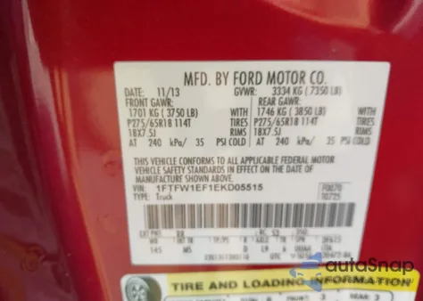 2014 Ford F-150 Xlt из США, поврежденный, VIN 1FTFW1EF1EKD05515